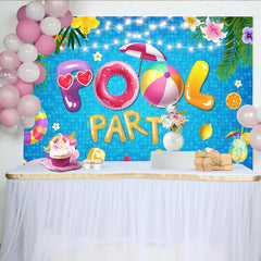Lofaris Bunter Poolparty Hintergrund mit tropischen Blumen und Lichtern, ideale Fotokulisse für Sommerfeste und fröhliche Events