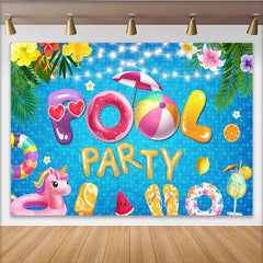 Lofaris Bunter Poolparty Hintergrund mit tropischen Blumen und Lichtern, ideale Fotokulisse für Sommerfeste und fröhliche Events