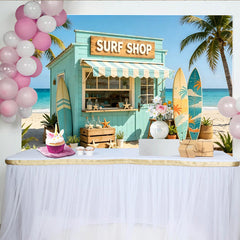 Lofaris Türkiser Strand Surfshop Hintergrund mit Palmen und Surfbrettern, sommerliche Fotokulisse für Urlaub und Fotoshooting