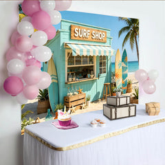 Lofaris Türkiser Strand Surfshop Hintergrund mit Palmen und Surfbrettern, sommerliche Fotokulisse für Urlaub und Fotoshooting