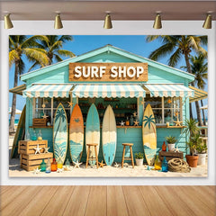 Lofaris Türkiser Surfshop-Hintergrund mit Palmen und Surfbrettern, sommerliche Strandkulisse für Fotoshootings