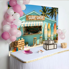 Lofaris Türkiser Surfstrand Fotohintergrund mit Palmen und Surfbrettern, sommerliche Kulisse für Strandparty und Fotostudio