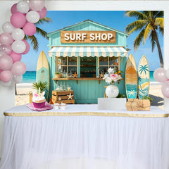 Lofaris Türkiser Surfshop Strand Hintergrund mit Palmen und Surfbrettern, perfekte Fotokulisse für sommerliche Urlaubsfotos und Strandpartys