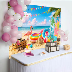 Lofaris Lebendiger Sommerstrand Fotohintergrund mit Palmen und Flamingo, bunte Kulisse für Urlaubsfotos und sommerliche Dekoration