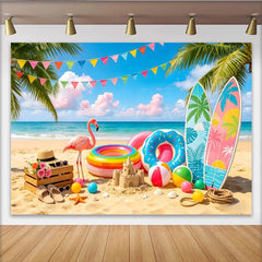 Lofaris Lebendiger Sommerstrand Fotohintergrund mit Palmen und Flamingo, bunte Kulisse für Urlaubsfotos und sommerliche Dekoration