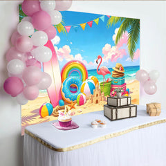 Lofaris Bunter Sommerstrand Fotohintergrund mit Flamingo und Surfbrett, fröhliche Kulisse für Sommerparty Dekoration und Kinderfotoshooting