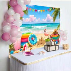Lofaris Bunter Sommerstrand Fotohintergrund mit Palmen und Wimpelkette, tropische Strandparty-Kulisse für Fotoshootings