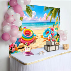 Lofaris Farbenfroher Tropenstrandfotohintergrund mit Palmen und Surfbrettern, lebendige Kulisse für Urlaubsfotoshootings und Sommerpartys