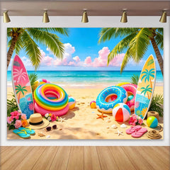 Lofaris Farbenfroher Tropenstrandfotohintergrund mit Palmen und Surfbrettern, lebendige Kulisse für Urlaubsfotoshootings und Sommerpartys