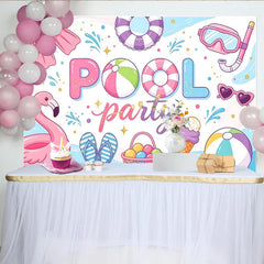 Lofaris Bunter Poolparty Hintergrund mit Flamingo und Strandbällen, fröhliche Fotokulisse für Sommerfeste und Kinderpartys