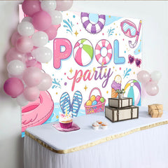 Lofaris Bunter Poolparty Hintergrund mit Flamingo und Strandbällen, fröhliche Fotokulisse für Sommerfeste und Kinderpartys
