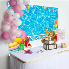 Lofaris Lebendiger Sommerpool-Fotohintergrund mit bunten Wimpeln und Schwimmring, Kulisse für tropische Sommerpartys und Urlaubsfotoshootings