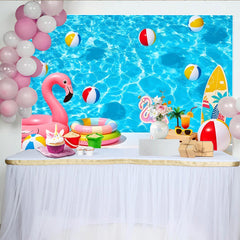 Lofaris Blauer Pool Sommerfotohintergrund mit Flamingo und Strandbällen, tropische Kulisse für Urlaubsfotos und Stranddekoration