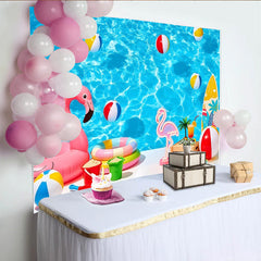 Lofaris Blauer Pool Sommerfotohintergrund mit Flamingo und Strandbällen, tropische Kulisse für Urlaubsfotos und Stranddekoration