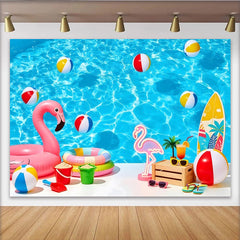 Lofaris Blauer Pool Sommerfotohintergrund mit Flamingo und Strandbällen, tropische Kulisse für Urlaubsfotos und Stranddekoration
