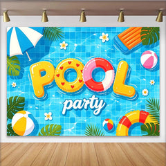 Lofaris Lebendiger Poolparty-Hintergrund mit Luftmatratze und Strandbällen, fröhliche Sommerkulisse für Fotoshootings und Events