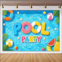 Lofaris Bunter Sommer Poolparty-Hintergrund mit Schwimmringen und Bällen, fröhliche Fotowand für Sommerfeste und Kinderpartys