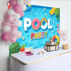 Lofaris Lebendiger Poolparty-Hintergrund mit Schwimmringen und Flamingo, fröhliche Kulisse für Sommerpartys und unvergessliche Fotos