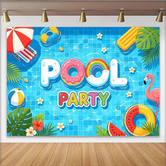 Lofaris Lebendiger Poolparty-Hintergrund mit Schwimmringen und Flamingo, fröhliche Kulisse für Sommerpartys und unvergessliche Fotos