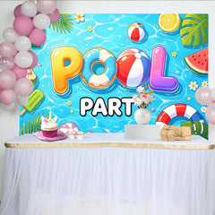 Lofaris Fröhlicher Poolparty-Hintergrund mit bunten Schwimmreifen und Bällen, ideale Sommerdekoration und Fotokulisse für jede Feier