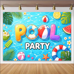 Lofaris Fröhlicher Poolparty-Hintergrund mit bunten Schwimmreifen und Bällen, ideale Sommerdekoration und Fotokulisse für jede Feier