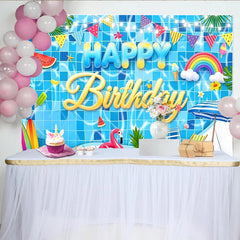 Lofaris Happy Birthday Poolparty-Hintergrund mit blauem Wasser-Design, bunte Fotowand mit Regenbogen und Flamingo für Fotos