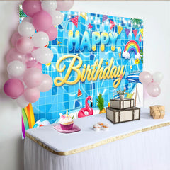 Lofaris Happy Birthday Poolparty-Hintergrund mit blauem Wasser-Design, bunte Fotowand mit Regenbogen und Flamingo für Fotos