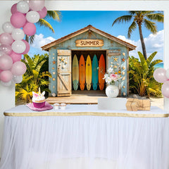 Lofaris Bunter Sommerstrand Fotohintergrund mit Surfbrettern und Palmen, Strandhütte Kulisse für sommerliche Fotoshootings