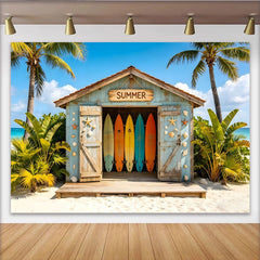 Lofaris Bunter Sommerstrand Fotohintergrund mit Surfbrettern und Palmen, Strandhütte Kulisse für sommerliche Fotoshootings