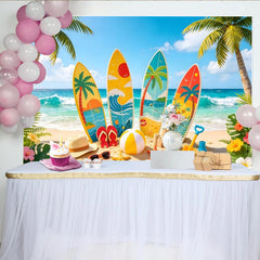 Lofaris Bunter Sommerstrand-Fotohintergrund mit Surfbrettern und Palmen, perfekte Kulisse für Urlaubsfotos und tropische Partys