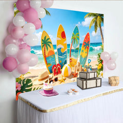 Lofaris Bunter Sommerstrand-Fotohintergrund mit Surfbrettern und Palmen, perfekte Kulisse für Urlaubsfotos und tropische Partys