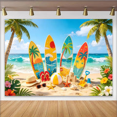 Lofaris Bunter Sommerstrand-Fotohintergrund mit Surfbrettern und Palmen, perfekte Kulisse für Urlaubsfotos und tropische Partys