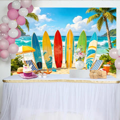 Lofaris Lebendiger Surfstrand-Fotohintergrund mit bunten Surfbrettern Palmen und Ozeanwellen, tropische Kulisse für sommerliche Fotoshootings