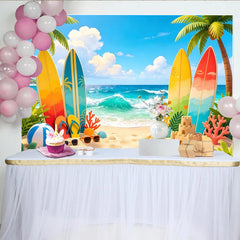 Lofaris Sommerstrand Fotohintergrund mit Palmen und Surfbrettern, lebendige Kulisse für Urlaubsfotos und Strandpartys