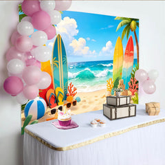 Lofaris Sommerstrand Fotohintergrund mit Palmen und Surfbrettern, lebendige Kulisse für Urlaubsfotos und Strandpartys
