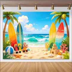 Lofaris Sommerstrand Fotohintergrund mit Palmen und Surfbrettern, lebendige Kulisse für Urlaubsfotos und Strandpartys
