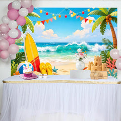 Lofaris Lebendiger Sommerstrand Fotohintergrund mit Palmen und Meereswellen, farbenfrohe Kulisse für Sommerpartys, Urlaub und Fotografie
