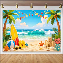 Lofaris Lebendiger Sommerstrand Fotohintergrund mit Palmen und Meereswellen, farbenfrohe Kulisse für Sommerpartys, Urlaub und Fotografie