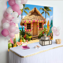 Lofaris Tropischer Strand Fotohintergrund mit Strohhütte Surfbrettern und Palmen, bunte Kulisse für Sommerpartys Urlaubsfotos und Fotostudio