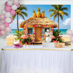 Lofaris Bunter Tropischer Strandhintergrund mit Flamingos und Palmen, wunderschöne Sommer Fotokulisse für Fotoshooting und Party