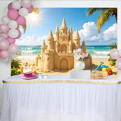 Lofaris Sonniger Strandburg Fotohintergrund mit Palmen und Meer, idyllische Kulisse für Sommerparty-Dekoration oder Fotoshootings
