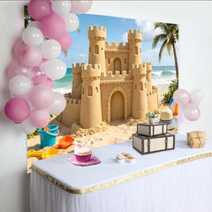 Lofaris Sommerlicher Sandburg-Strand-Hintergrund mit Palmen und Meer, perfekte Fotokulisse für Urlaubsfotos und Partys