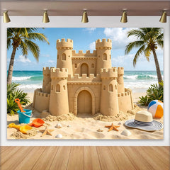 Lofaris Sommerlicher Sandburg-Strand-Hintergrund mit Palmen und Meer, perfekte Fotokulisse für Urlaubsfotos und Partys