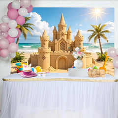 Lofaris Sonniger Strand-Fotohintergrund mit Sandburg und Palmen, perfekte Kulisse für Sommer-Fotoshootings und Kinderpartys