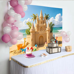 Lofaris Sonniger Sandburg-Fotohintergrund am Strand mit Palmen und Meer, bunte Strandbälle und sommerliche Kulisse für Kinder Fotoshootings