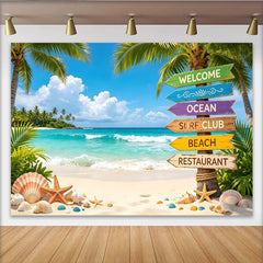 Lofaris Tropischer Strandhintergrund mit Palmen und Muscheln, bunte Wegweiser Fotokulisse für Sommerurlaub Fotoshooting und Partydekoration