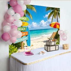 Lofaris Bunter Sommerstrand Fotohintergrund mit Palmen und Wegweiser, perfekte Kulisse für Urlaubsfotos und tropische Partydekoration