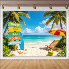 Lofaris Bunter Sommerstrand Fotohintergrund mit Palmen und Wegweiser, perfekte Kulisse für Urlaubsfotos und tropische Partydekoration