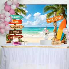 Lofaris Vibrant Sommerstrand Fotohintergrund mit Palmen und Surfbrett, perfekte Kulisse für Urlaubsfotos und professionelles Fotostudio