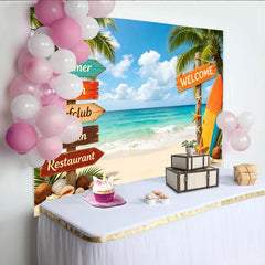 Lofaris Vibrant Sommerstrand Fotohintergrund mit Palmen und Surfbrett, perfekte Kulisse für Urlaubsfotos und professionelles Fotostudio
